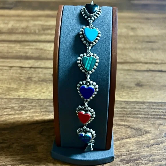 Vintage ~ Multi-Colors Gemstones Heart Shaped ~ .925 Sterling Silver Bracelet - Picture 4 of 15